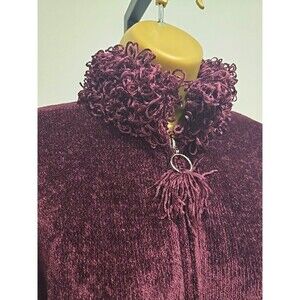 Vintage 90s Y2K Chenille Fringe Maroon Jewel Jacket Cozy Fuzzy Pockets Soft Warm